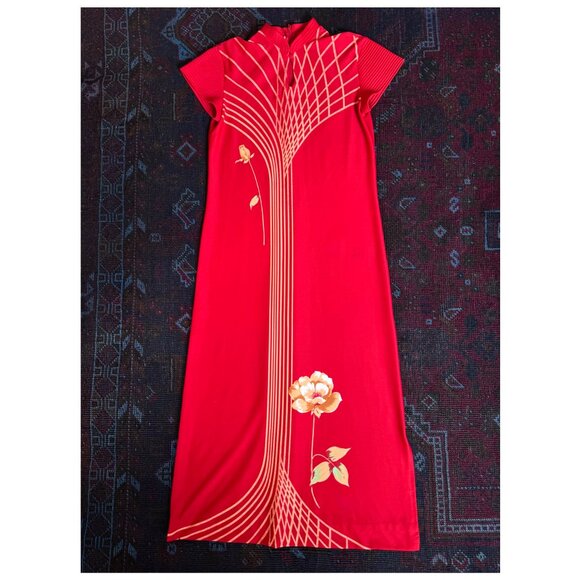 Tori Richard Dresses & Skirts - VINTAGE Tori Richard Cheongsam Maxi Dress | Red with Roses | Medium | Mandarin